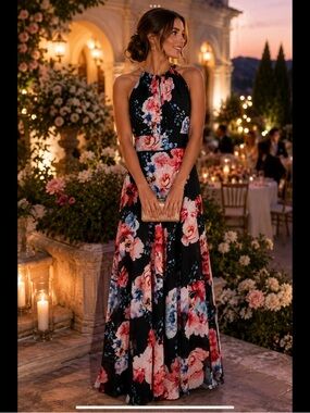 Nightway Floral Halter Maxi Dress Black Pink Blue Chiffon Wedding Guest Gown